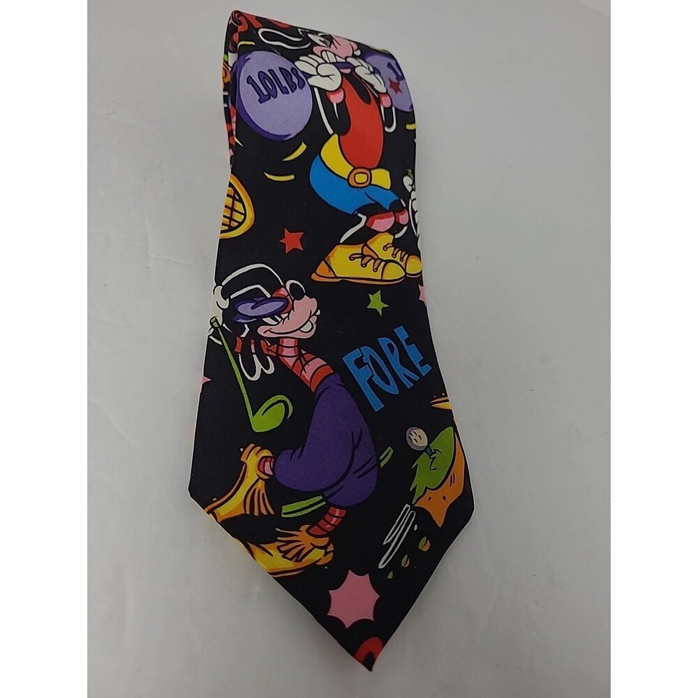 Vintage Disney The Tie Works Silk Tie Mickey Mouse Goofy Golf Tennis Dumbbells
